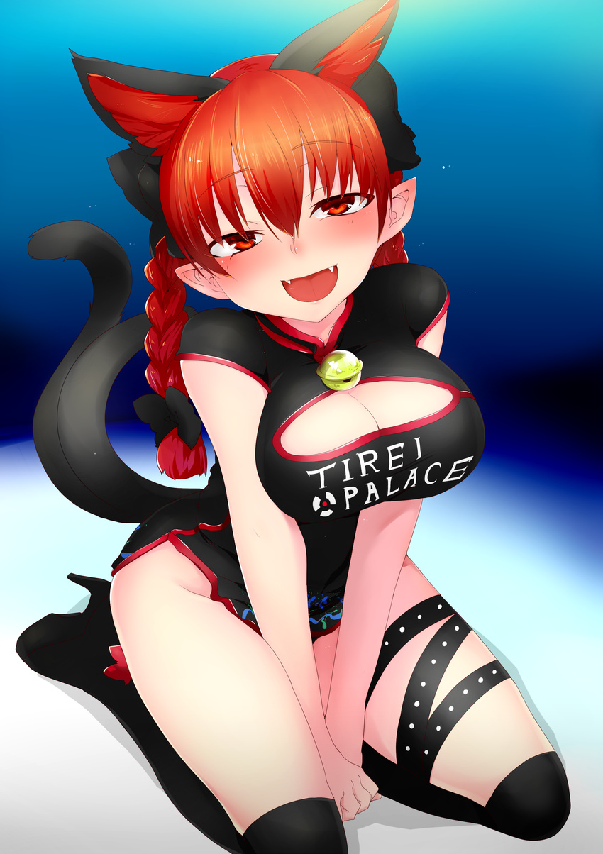 absurdres alternate_costume animal_ears bell boots borrowed_design bow braid breasts cat_ears cat_tail china_dress chinese_clothes cleavage cleavage_cutout clothes_writing dress extra_ears fangs hair_bow highres kaenbyou_rin large_breasts looking_at_viewer mizuga pointy_ears race_queen red_eyes red_hair smile solo tail thigh_boots thighhighs touhou twin_braids