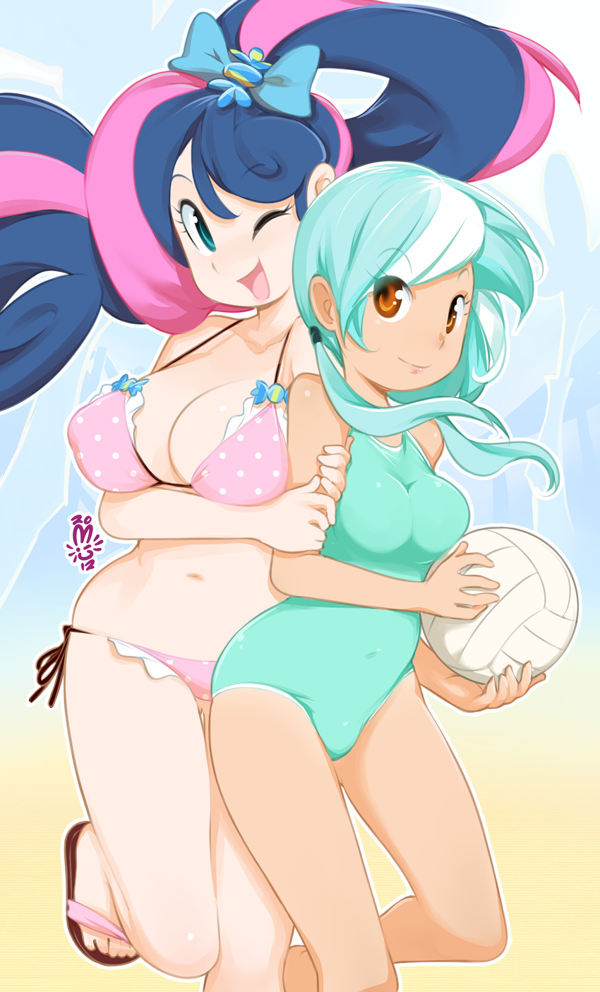 2013 2girls absurdres arm_grab ball bikini bon_bon bonbon_(my_little_pony) breasts cover cover_page green_eyes green_hair hair_ornament hair_ribbon highres holding large_breasts leg_up long_hair lyra_heartstrings multicolored_hair multiple_girls my_little_pony my_little_pony_friendship_is_magic one-piece_swimsuit one_leg_up personification ponytail ribbon sandals slippers smile swimsuit twintails two-tone_hair very_long_hair volleyball wink yellow_eyes