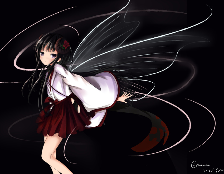 bangs black_hair butterfly_wings flower hair_ornament highres inu_x_boku_ss japanese_clothes long_hair lu_(tabasa1991) miko purple_eyes shirakiin_ririchiyo simple_background solo wings