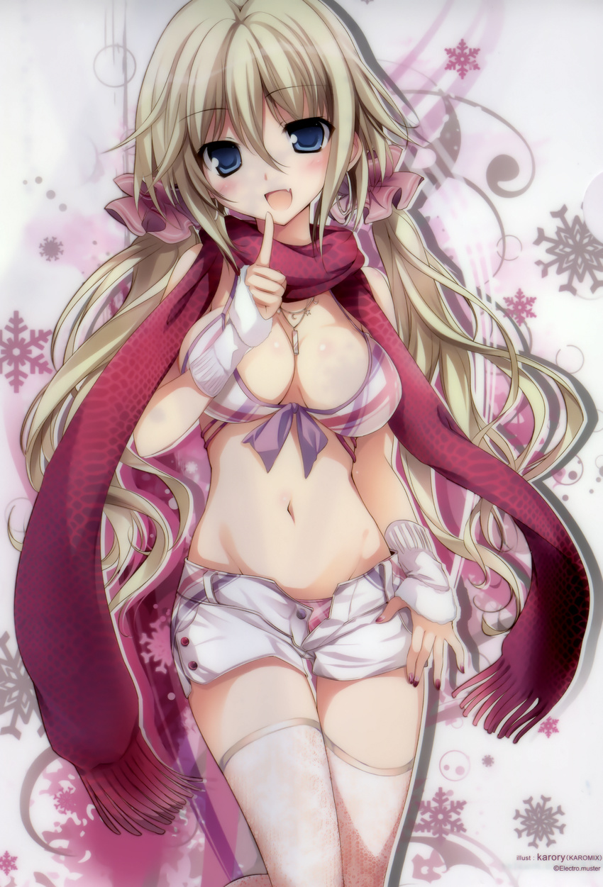 :d absurdres bare_shoulders bikini blonde_hair blue_eyes blush body_blush breasts cleavage fang finger_to_mouth fingernails front-tie_top groin hair_between_eyes highres huge_filesize jewelry karory lace lace_legwear large_breasts long_fingernails long_hair low_twintails nail_polish navel necklace open_fly open_mouth original plaid plaid_bikini red_scarf scan scarf scrunchie shiny shiny_skin short_shorts shorts smile snakeskin_print snowflakes solo swimsuit thigh_gap thighhighs twintails unbuttoned unzipped white_legwear