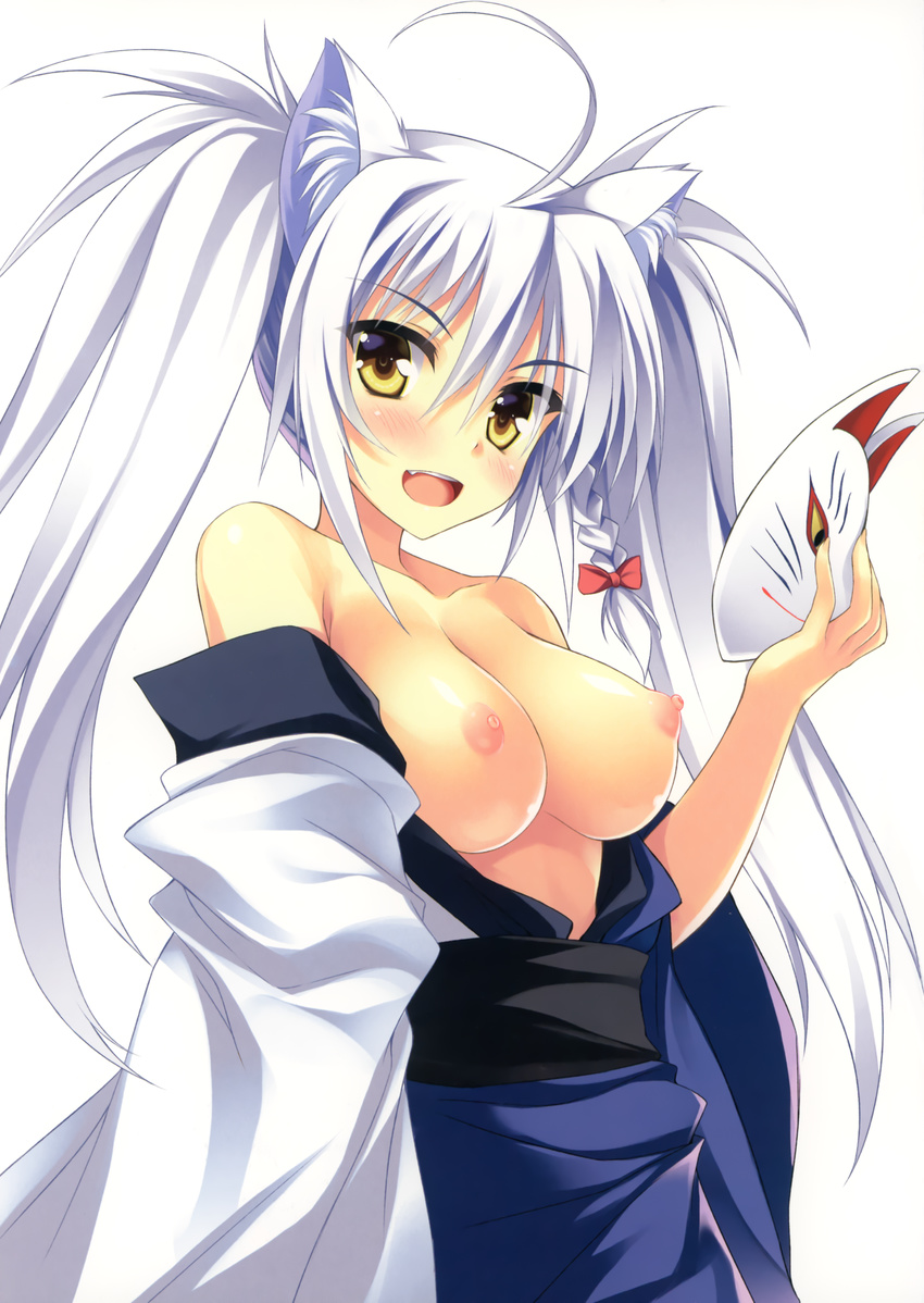 :d absurdres ahoge animal_ears breasts cat_ears dog_days fox_mask highres japanese_clothes kimono large_breasts leonmitchelli_galette_des_rois mask nipples no_bra open_clothes open_kimono open_mouth smile solo tateha_(marvelous_grace) white_hair yellow_eyes