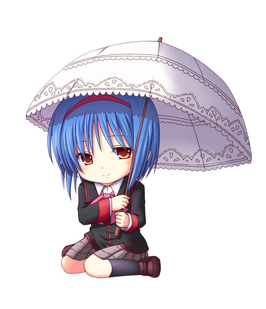 blue_hair brown_eyes chibi highres kuena little_busters! nishizono_mio school_uniform short_hair solo umbrella