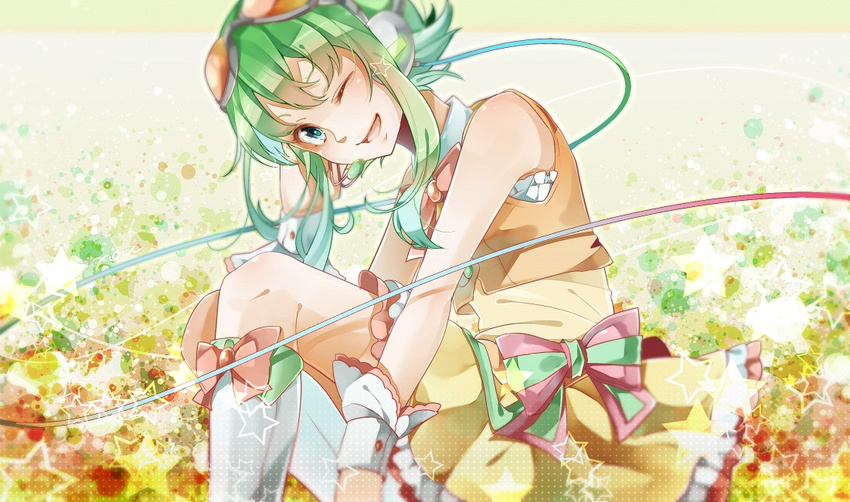 bow goggles green_hair gumi headset nou one_eye_closed smile solo star vocaloid