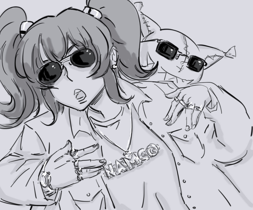 anise_tatlin bb_(baalbuddy) bling earrings jewelry long_hair monochrome necklace open_clothes open_shirt ring shirt solo stuffed_animal stuffed_toy sunglasses tales_of_(series) tales_of_the_abyss tokunaga twintails watch wristwatch