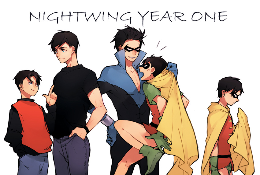 2boys angry batman_(series) black_hair brother brothers cape carry carrying dc_comics dick_grayson domino_mask family highres jason_todd ludwig_mayer male male_focus mask mayer multiple_boys multiple_persona nightwing pixiv_manga_sample resized robin_(dc) siblings