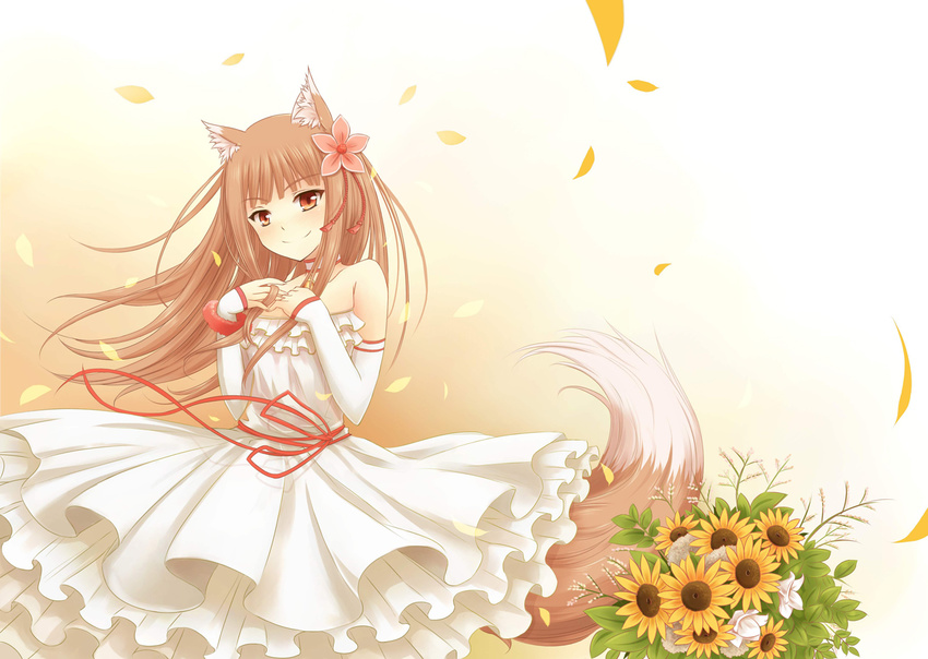 alternate_costume animal_ears blush brown_hair choker dress flower frilled_dress frills hair_flower hair_ornament holo long_hair looking_at_viewer nncat petals red_eyes ribbon smile solo spice_and_wolf sunflower tail wolf_ears wolf_tail
