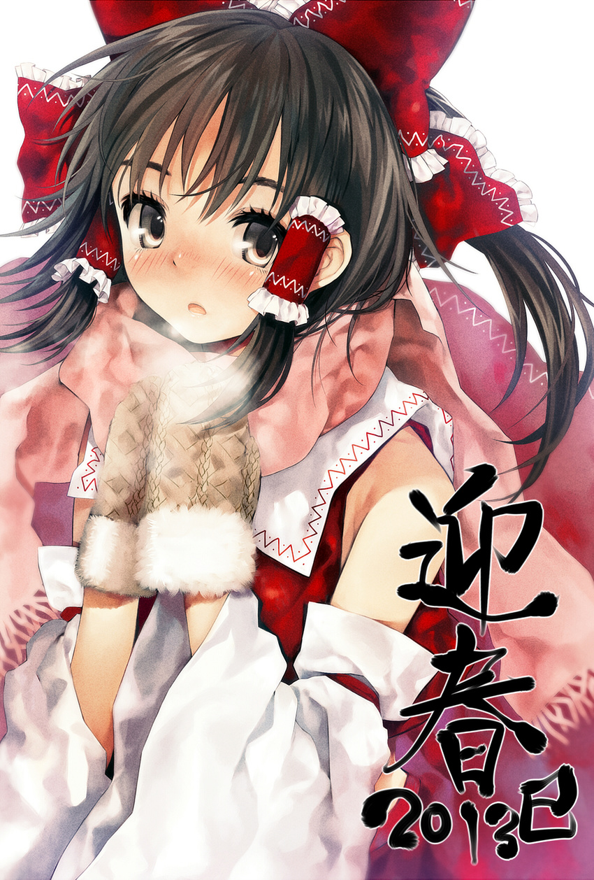 black_hair blush bow detached_sleeves dress gloves grey_eyes hair_bow hair_tubes hakurei_reimu happy_new_year highres long_sleeves looking_at_viewer new_year open_mouth ponytail red_dress scarf solo touhou wide_sleeves winter yana_mori