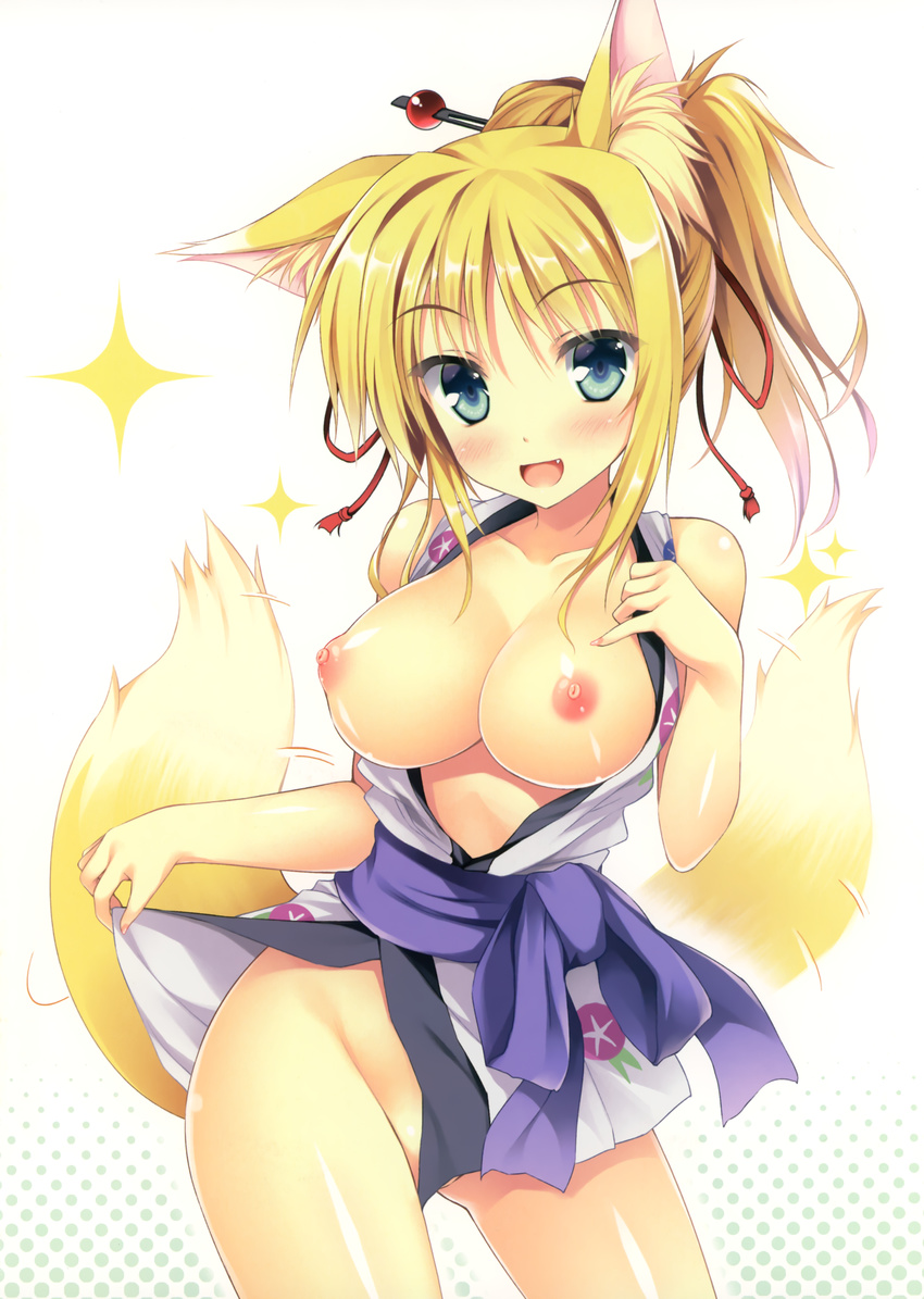 :d absurdres animal_ears aqua_eyes bare_shoulders blonde_hair blush breasts breasts_outside dog_days fang fox_ears fox_tail groin hair_ornament hair_stick halftone halftone_background highres large_breasts looking_at_viewer nipples open_mouth ponytail shiny shiny_skin short_hair simple_background smile solo sparkle tail tail_raised tail_wagging tateha_(marvelous_grace) white_background yukikaze_panettone