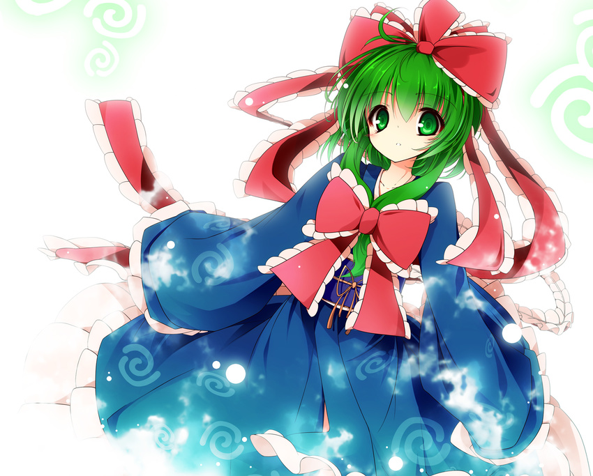 bad_id bad_pixiv_id blue_dress bow dress front_ponytail green_eyes green_hair hair_bow hair_ribbon highres itsutsuki japanese_clothes kagiyama_hina kimono long_hair long_sleeves looking_at_viewer obi open_mouth ribbon sash solo touhou wide_sleeves