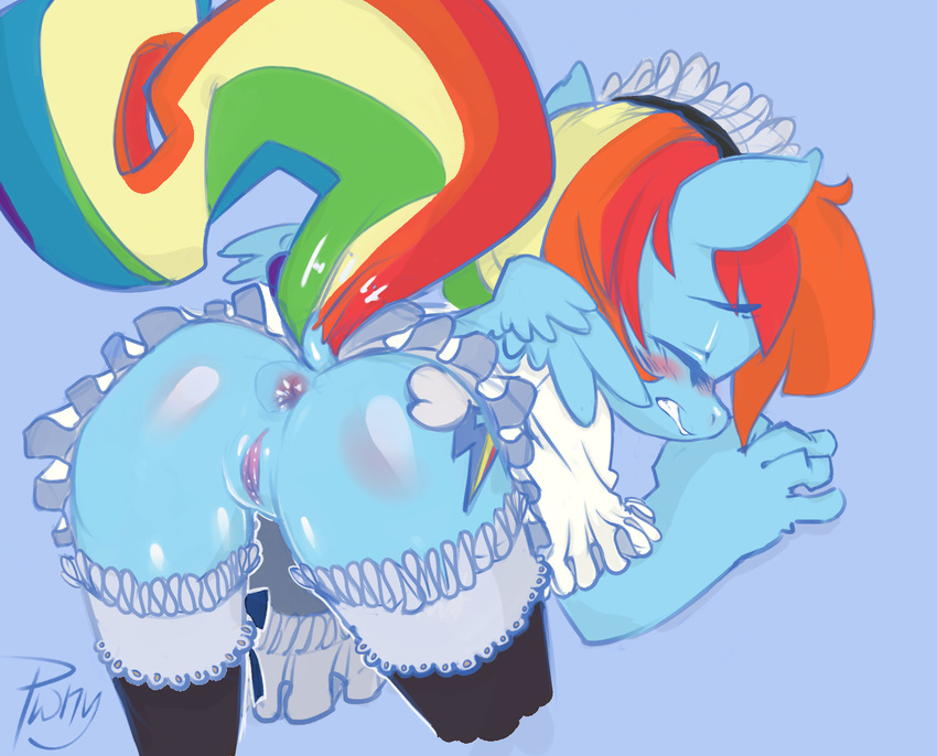 anthrofied anus bent_over blush bottomless butt clothed clothing edit equine eyes_closed female french_maid friendship_is_magic half-dressed hallogreen horse lace legwear looking_at_viewer maid maid_uniform mammal monochrome my_little_pony pegasus plain_background pony presenting presenting_hindquarters pussy rainbow_dash_(mlp) solo stockings upskirt wings