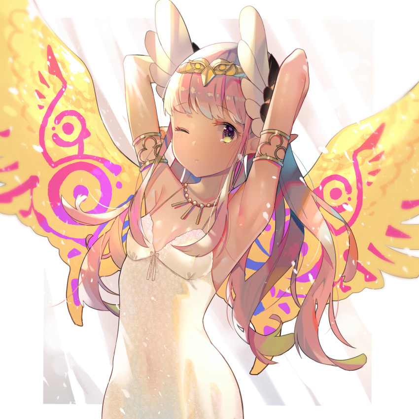 1girl absurdres armlet armpits arms_behind_head arms_up bangs bare_shoulders blush breasts circe_(fate/grand_order) circlet collarbone commentary_request dark_skin dress eyebrows_visible_through_hair fate/grand_order fate_(series) green_eyes head_wings highres jewelry long_hair looking_at_viewer mao_ge multicolored multicolored_eyes multicolored_wings necklace one_eye_closed parted_lips pointy_ears purple_eyes sidelocks sleeveless sleeveless_dress small_breasts solo spaghetti_strap tareme tearing_up upper_body very_long_hair white_dress wings