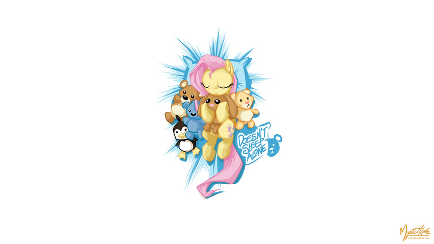 2013 english_text equine female feral fluttershy_(mlp) friendship_is_magic hair horse mammal my_little_pony mysticalpha penguin pillow pink_hair plain_background pony sleeping teddy teddy_bear text white_background