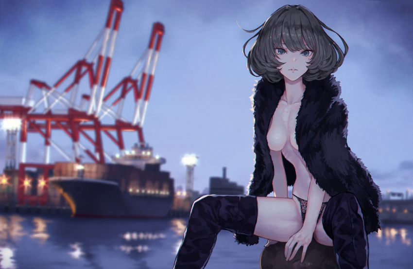 1girl arm_support bangs black_footwear black_jacket black_panties blue_eyes blurry boots breasts breasts_apart building collarbone commentary_request container container_ship crane depth_of_field eyelashes feet_out_of_frame floodlights fur_jacket green_eyes green_hair harbor heterochromia highleg highleg_panties idolmaster idolmaster_cinderella_girls jacket jacket_on_shoulders lingerie lips looking_at_viewer medium_breasts mole mole_under_eye night outdoors panties parted_lips reflection shiny shiny_clothes ship shipping_container short_hair sitting sky solo takagaki_kaede thigh_boots thighhighs topless tsurime underwear water watercraft yasukura_(shibu11)