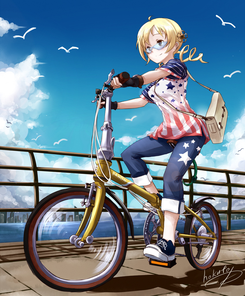 ahoge american_flag artist_name bag bicycle bird blonde_hair blush brown_eyes capri_pants cloud day denim drill_hair fingerless_gloves folding_bicycle glasses gloves ground_vehicle hair_ornament highres hokuchin jeans mahou_shoujo_madoka_magica messenger_bag no_socks pants railing riding shoes shoulder_bag signature sky smile sneakers solo star tomoe_mami twin_drills twintails wrap-around_shades yellow_eyes