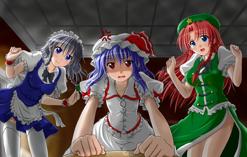 anger_vein anno_shin apron blouse blue_eyes braid breasts ceiling commentary foreshortening hands_up hat hat_ribbon hong_meiling izayoi_sakuya lavender_hair leaning long_hair looking_at_viewer maid maid_headdress medium_breasts multiple_girls open_mouth pov puffy_sleeves red_eyes red_hair remilia_scarlet ribbon short_sleeves silver_hair skirt smile star thighhighs touhou twin_braids vest wrist_cuffs