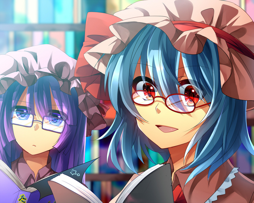 bespectacled blue_hair book bookshelf fuuna_(conclusion) glasses hat long_hair multiple_girls open_mouth patchouli_knowledge purple-framed_eyewear purple_eyes purple_hair red-framed_eyewear red_eyes remilia_scarlet short_hair smile touhou