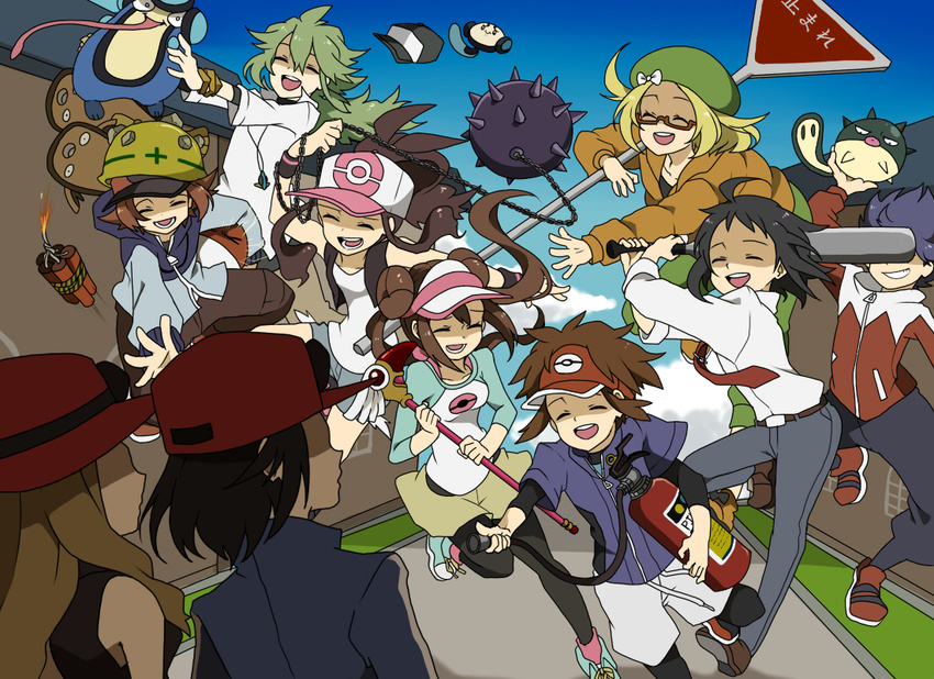 6+boys ^_^ baseball_bat baseball_cap bel_(pokemon) brown_hair calme_(pokemon) cameo cardcaptor_sakura chain cheren_(pokemon) closed_eyes club double_bun dynamite fire_extinguisher fuuin_no_tsue gen_1_pokemon gen_2_pokemon gen_5_pokemon glasses happy hat helmet hue_(pokemon) jumping kyouhei_(pokemon) long_hair mei_(pokemon) multiple_boys multiple_girls n_(pokemon) necktie palpitoad pantyhose pokemon pokemon_(creature) pokemon_(game) pokemon_bw pokemon_bw2 pokemon_xy qwilfish red-framed_eyewear road_sign sei_(shinkai_parallel) semi-rimless_eyewear serena_(pokemon) sign spiked_club stunfisk touko_(pokemon) touya_(pokemon) twintails tympole visor_cap voltorb wand weapon you_gonna_get_raped