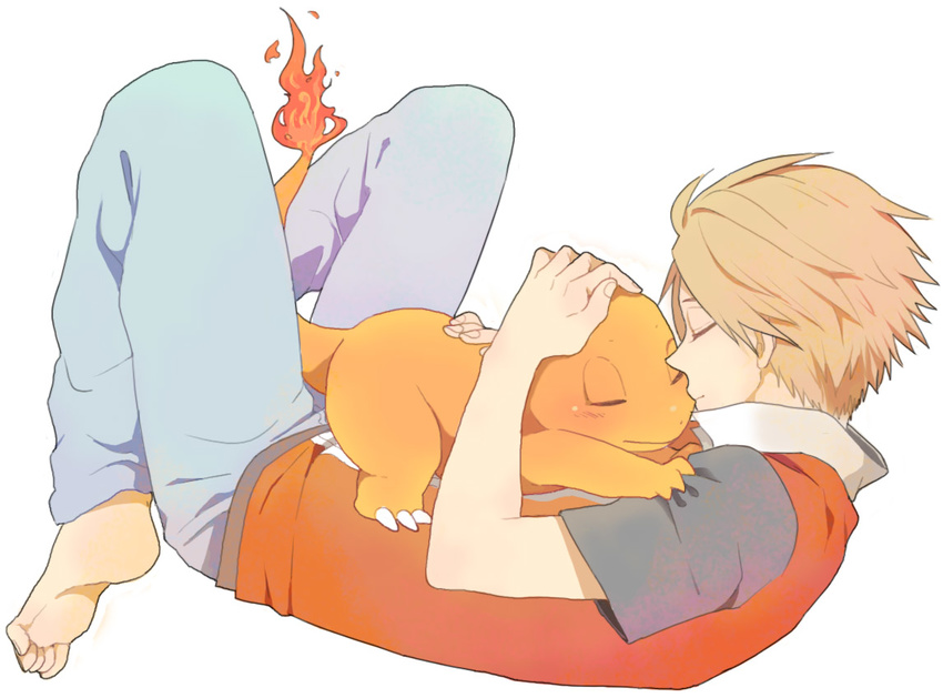 barefoot charmander closed_eyes fire gen_1_pokemon headwear_removed hug k-mica lying pokemon pokemon_(creature) pokemon_(game) pokemon_frlg red_(pokemon) red_(pokemon_frlg) sleeping