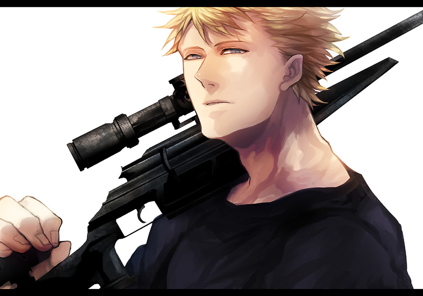 blonde_hair blue_eyes gun jormungand kogitetuosero lutz male_focus rifle sniper_rifle solo weapon