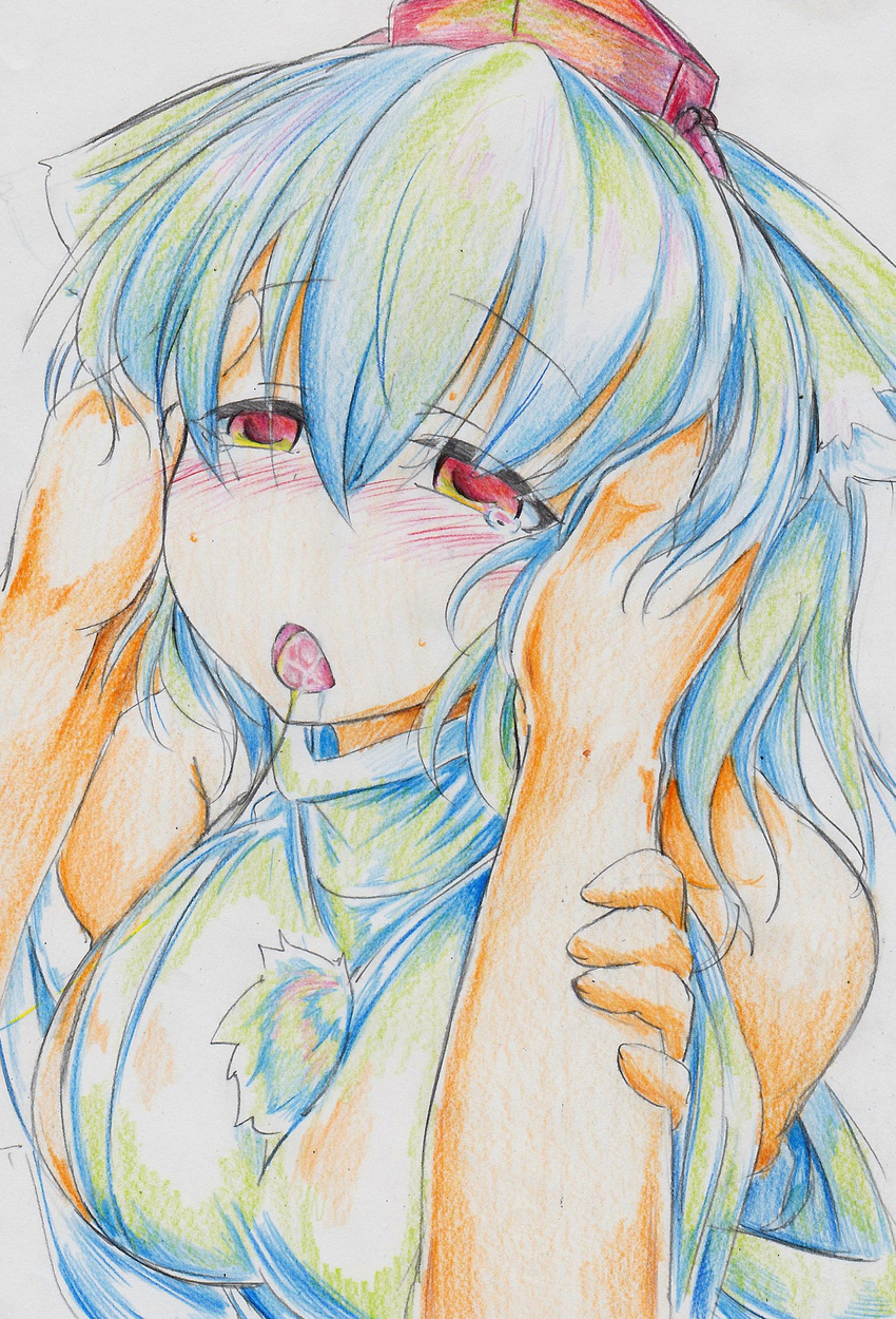 absurdres animal_ears blush breasts colored_pencil_(medium) face hat highres inubashiri_momiji kitazinger large_breasts no_bra open_mouth red_eyes saliva saliva_trail short_hair silver_hair solo tokin_hat touhou traditional_media wolf_ears