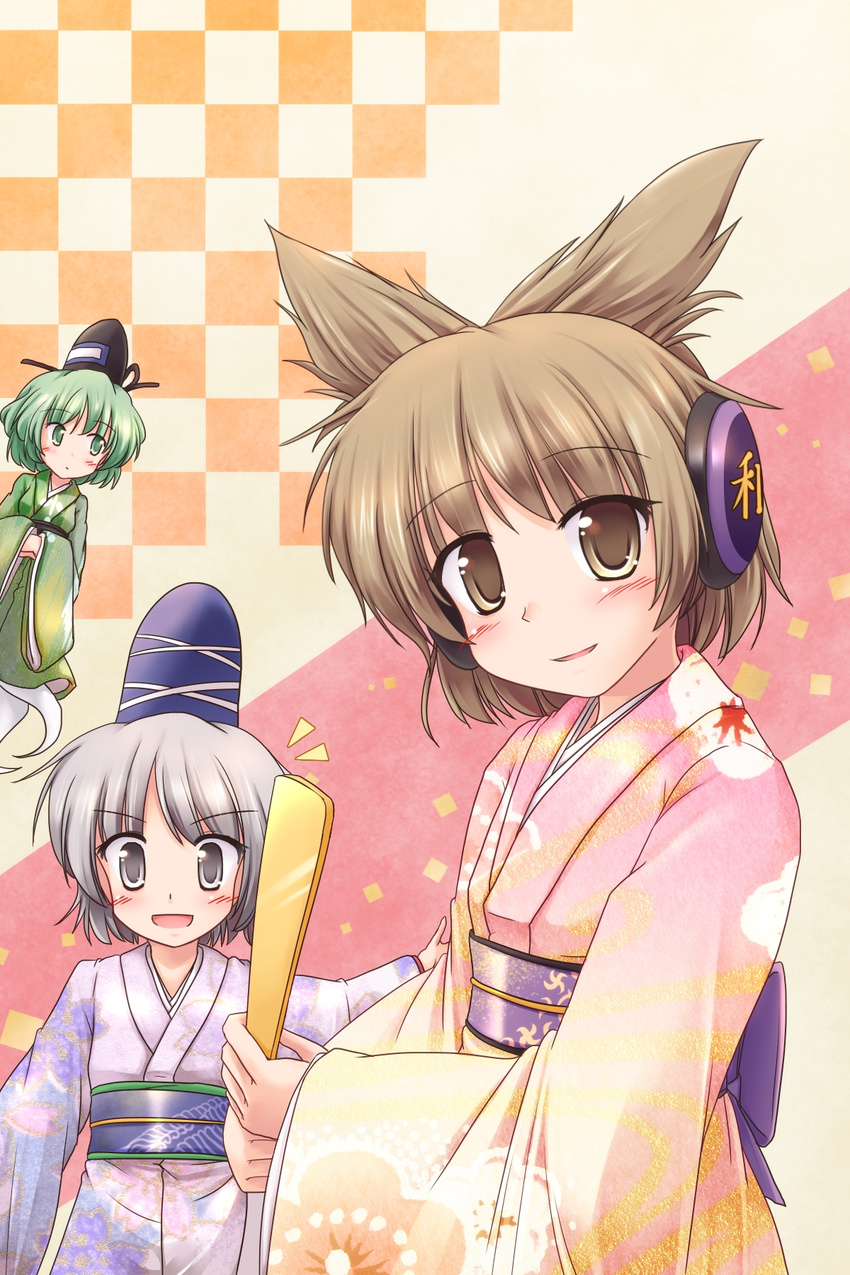 3girls alternate_hairstyle blush brown_hair earmuffs floral_print flower ghost_tail green_eyes green_hair grey_eyes hat highres japanese_clothes kimono long_sleeves looking_at_viewer lzh mononobe_no_futo multiple_girls new_year obi open_mouth ritual_baton sash short_hair silver_hair smile soga_no_tojiko tate_eboshi touhou toyosatomimi_no_miko wide_sleeves