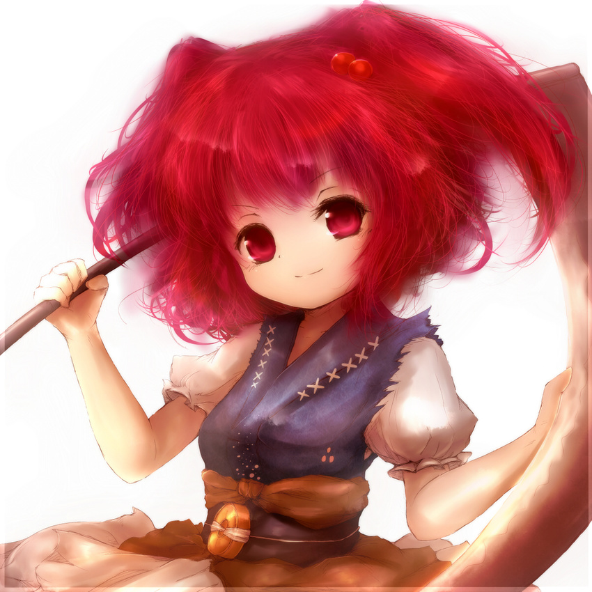 amanojaku bad_id bad_pixiv_id belt coin hair_bobbles hair_ornament highres looking_at_viewer obi onozuka_komachi over_shoulder puffy_sleeves red_eyes red_hair sash scythe shirt short_sleeves skirt smile solo touhou two_side_up