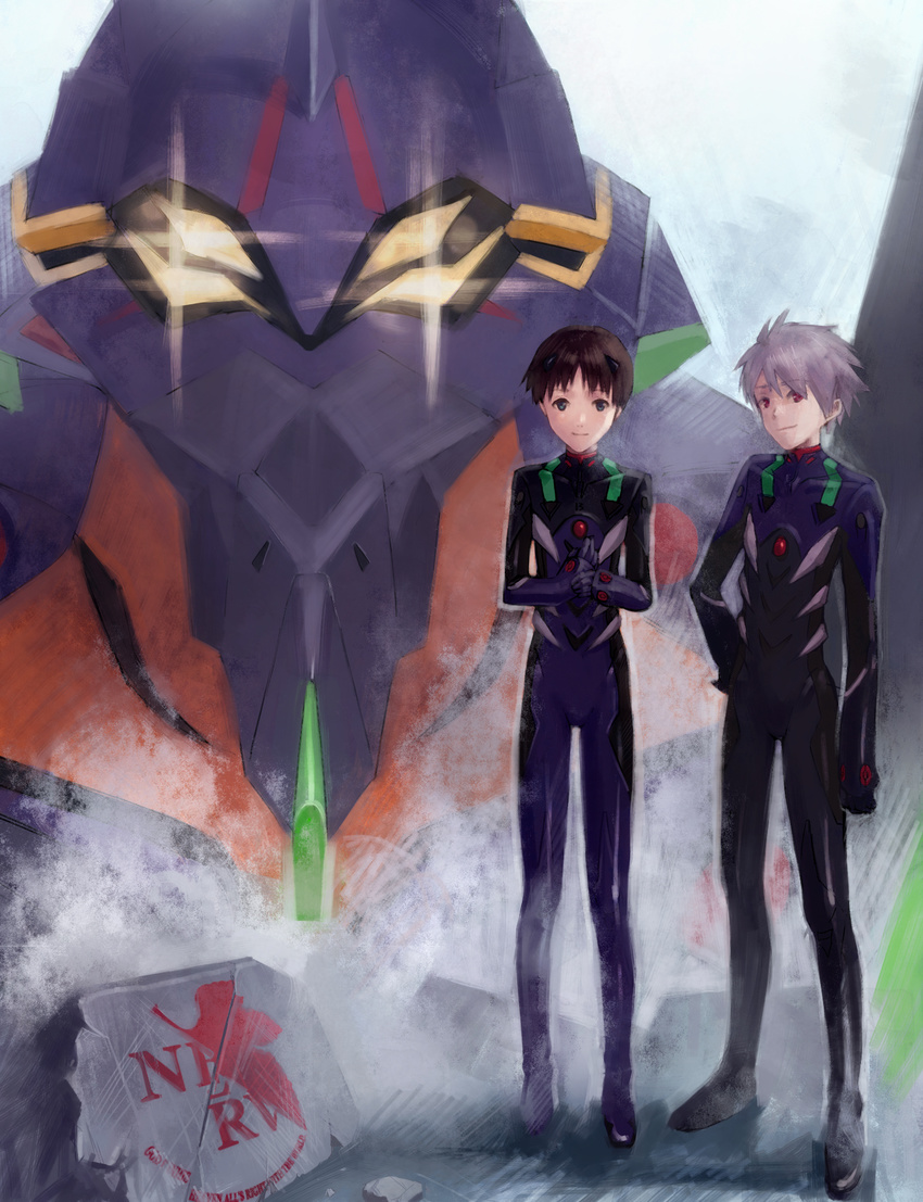 bad_id bad_pixiv_id blue_eyes brown_hair eva_13 evangelion:_3.0_you_can_(not)_redo highres ikari_shinji light_smile male_focus megumi_(amekanha) multiple_boys nagisa_kaworu neon_genesis_evangelion nerv plugsuit rebuild_of_evangelion red_eyes silver_hair