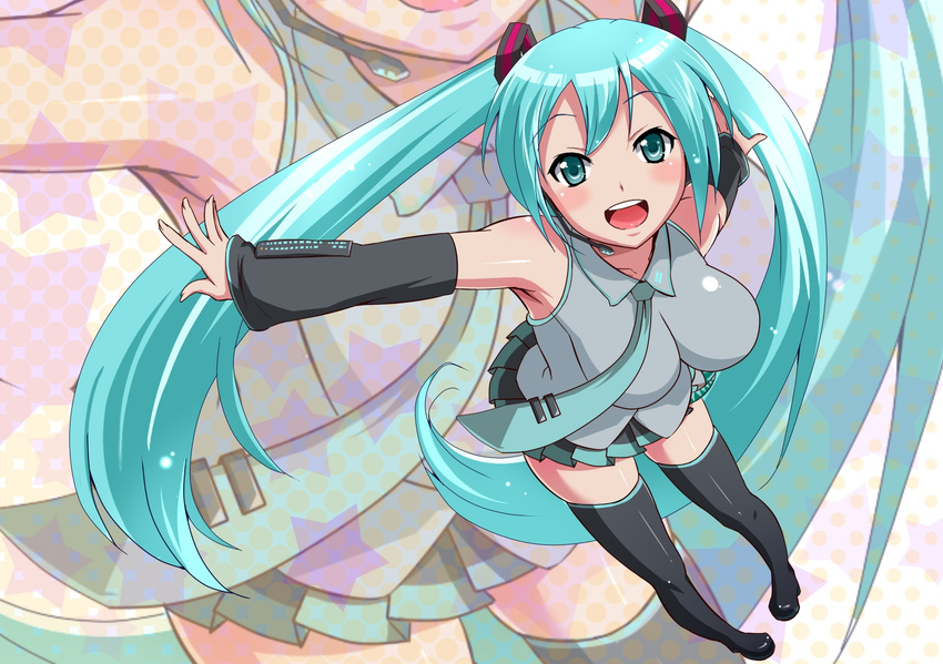 aqua_eyes aqua_hair boots detached_sleeves hatsune_miku headset highres long_hair looking_at_viewer necktie open_mouth outstretched_arms panimiiru pigeon-toed skirt solo spread_arms thigh_boots thighhighs twintails very_long_hair vocaloid zoom_layer