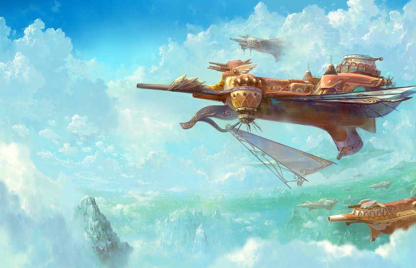 bad_pixiv_id battleship cloud day flying landscape military military_vehicle mountain no_humans original park_jae-cheol scenery ship sky warship watercraft