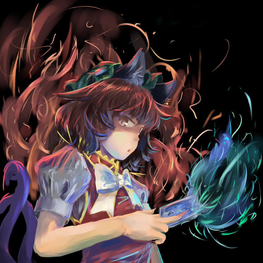 animal_ears bow brown_eyes brown_hair cat_ears cat_tail chen darkness dress earrings fire flame hat highres jewelry kabu_(yuyuibob) looking_at_viewer multiple_tails nekomata open_mouth puffy_sleeves red_dress shirt short_sleeves single_earring solo spell_card tail touhou upper_body