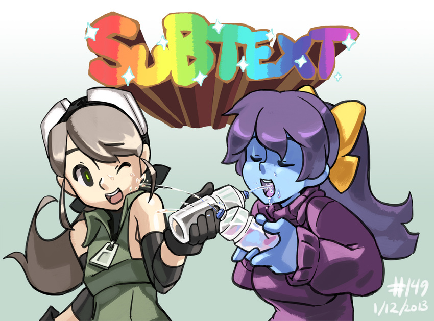 2girls bare_shoulders blue_skin borrowed_character bottle brown_hair dated elbow_pads gloves goggles goggles_on_head green_eyes green_shirt junkpuyo marina_(noill) multiple_girls open_mouth original plume_(junkpuyo) ponytail purple_hair purple_shirt rainbow_text sexually_suggestive shirt squirting sweater turtleneck water_bottle wince zipper