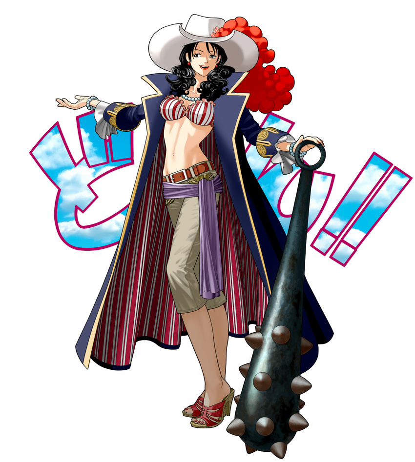 alvida belt black_hair bra bracelet breasts club coat collarbone curly_hair earrings full_body grey_eyes hat high_heels jewelry lipstick long_coat long_hair long_sleeves makeup medium_breasts midriff nail_polish navel necklace one_piece open_clothes open_coat plume red_nails sash simple_background smile solo spiked_club striped striped_bra suyu38 underwear weapon white_background