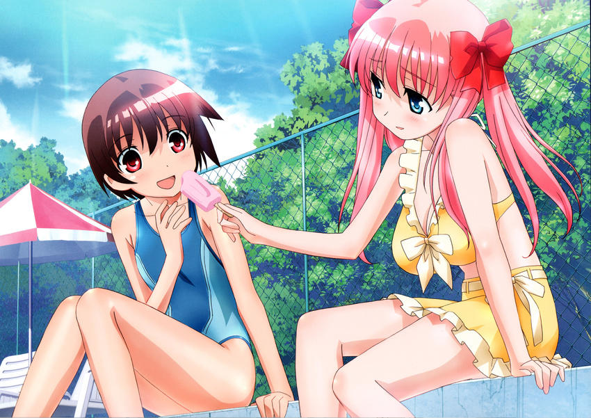 2girls absurdres bikini blue_eyes brown_hair fence food haramura_nodoka highres ice_cream kobayashi_ritsu kobayashi_ritz long_hair miyanaga_saki multiple_girls official_art pink_hair popsicle red_eyes saki sasaki_masakatsu short_hair swimsuit