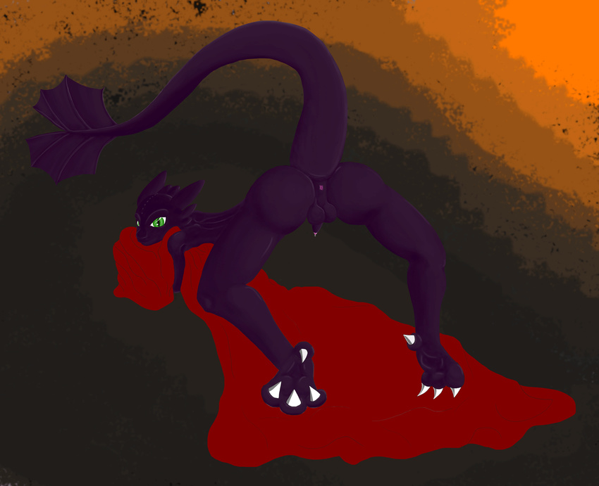 anthrofied ass_up balls blanket casualfurry clipped_wings dragon dripping face_down_ass_up flightless green_eyes how_to_train_your_dragon looking_at_viewer male night_fury penis purple_body scalie solo toothless uncut