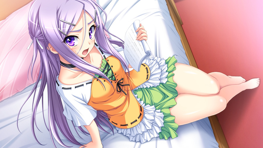 1girl amou_mikage barefoot bed bed_sheet bedroom blush collar feet female floor hair_ornament hairclip kikurage_(plastic_people) long_hair looking_at_viewer pillow purple_eyes purple_hair sheet shiawase_kazoku-bu shiawase_kazokubu shy sitting skirt solo