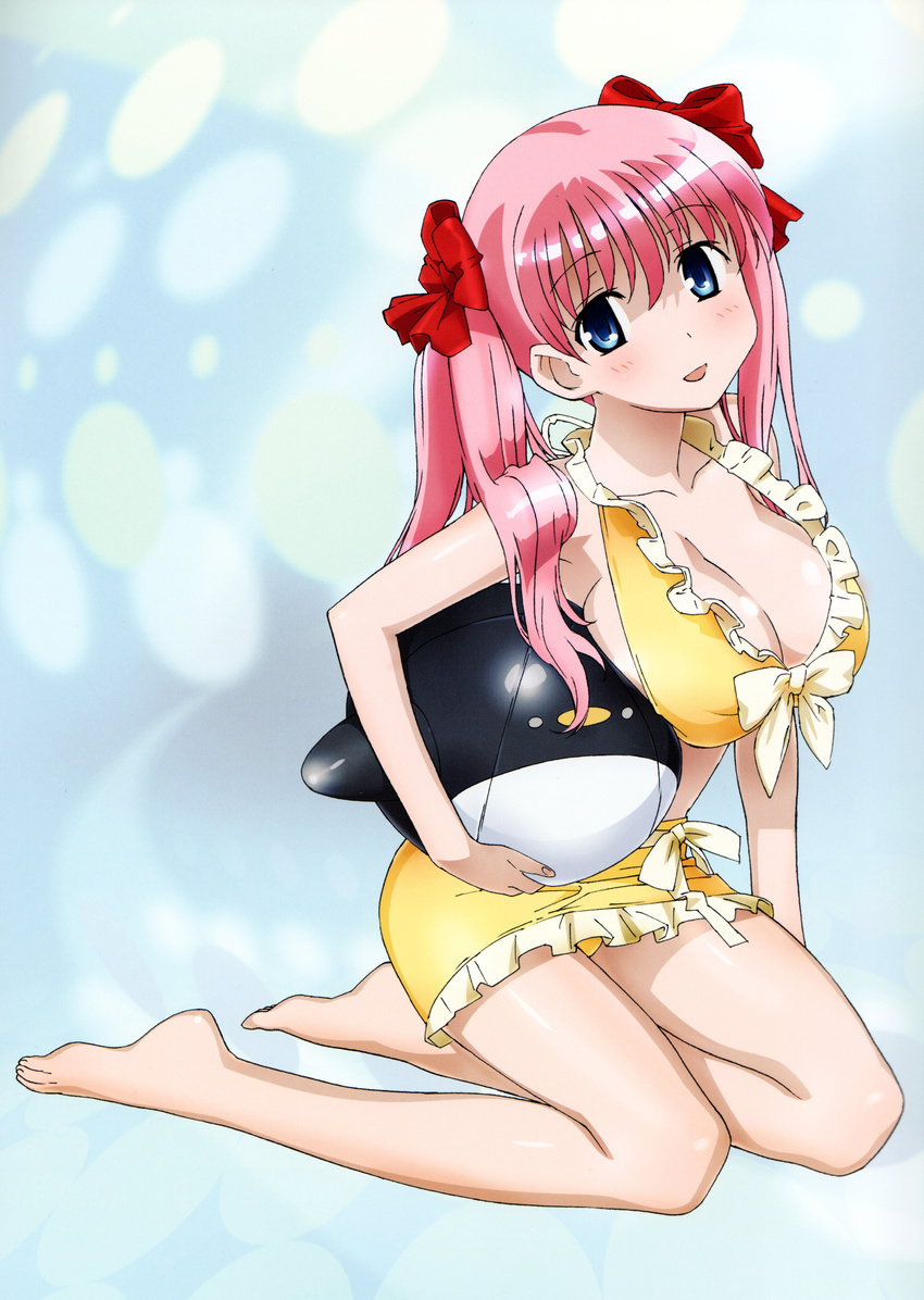 1girl absurdres barefoot bikini blue_eyes breasts feet haramura_nodoka highres kobayashi_ritsu kobayashi_ritz large_breasts official_art pink_hair saki sasaki_masakatsu solo strap_gap swimsuit