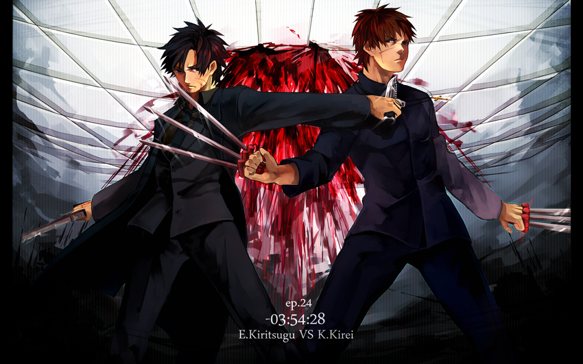 black_eyes black_hair black_keys blood brown_eyes brown_hair cross cross_necklace dagger emiya_kiritsugu fate/zero fate_(series) fley3black gun highres jewelry kotomine_kirei multiple_boys necklace trench_coat weapon