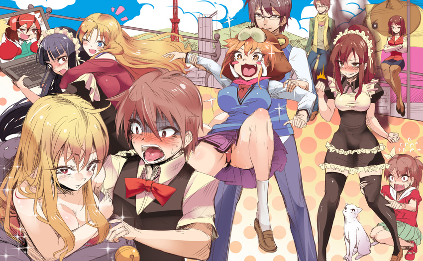 6+girls akasaka_ryuunosuke alternate_costume animal_costume animal_hat aoyama_nanami bear black_legwear blonde_hair blush breasts brown_eyes brown_hair cat computer enmaided fujizawa_kazuki glasses hat kamiigusa_misaki kanda_sorata kanda_yuuko laptop large_breasts long_hair maid maid-chan_(sakura-sou) medium_breasts mitaka_jin multiple_boys multiple_girls no_bra nyaboron open_mouth ponytail red_eyes rita_ainsworth sakura-sou_no_pet_na_kanojo scarf school_uniform sengoku_chihiro shiina_mashiro skirt smile thighhighs white_cat yana_(nekoarashi) yellow_eyes zettai_ryouiki