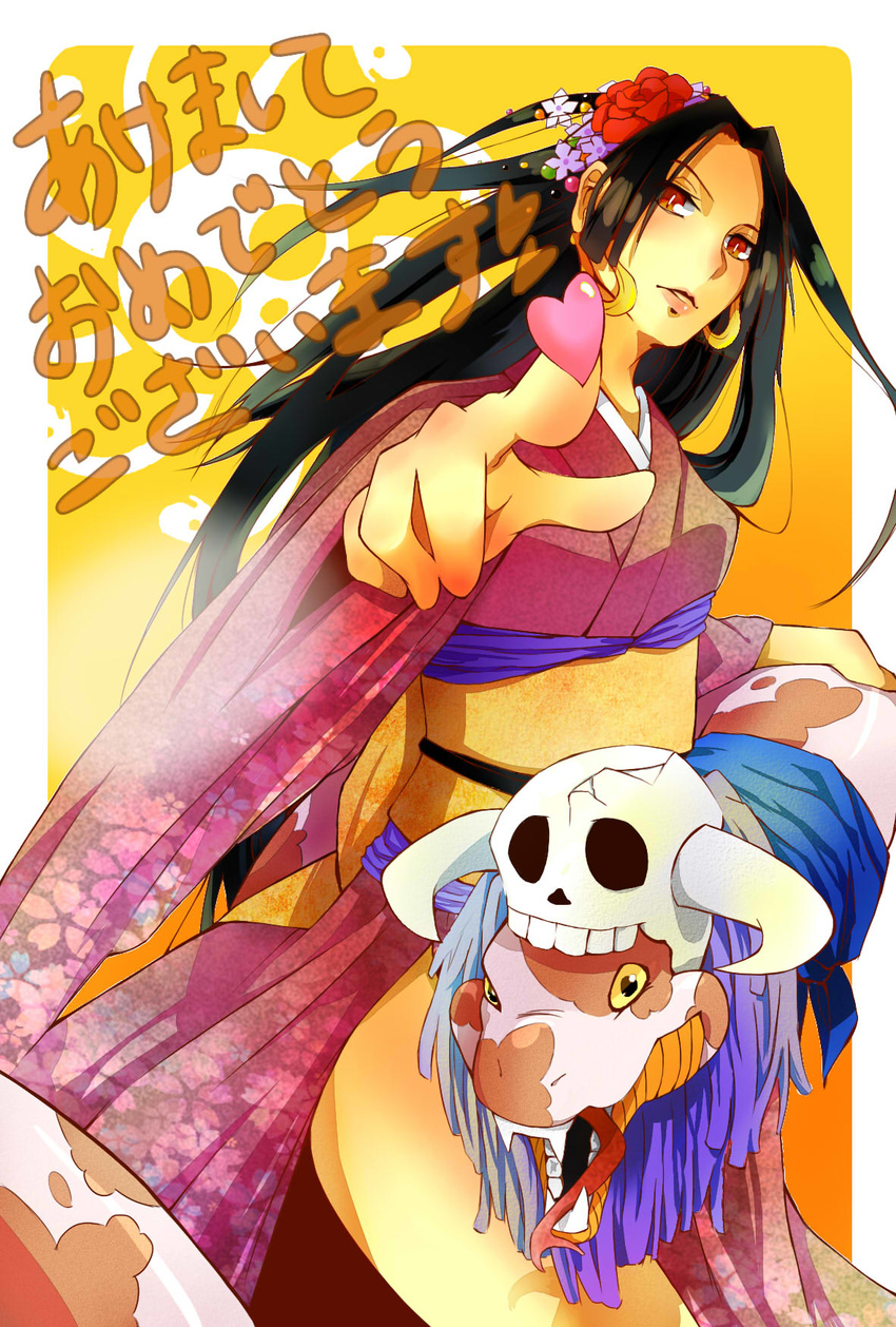 1girl alternate_costume amazon black_hair boa_hancock heart highres japanese_clothes long_hair looking_at_viewer one_piece pointing red_eyes salome_(one_piece) shichibukai skull snake translation_request