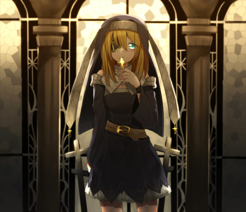 bad_id bad_pixiv_id belt blonde_hair cross detached_sleeves erubo eyepatch green_eyes highres looking_at_viewer original short_hair solo standing wide_sleeves wristband