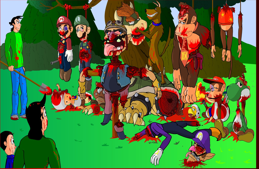 ambiguous_gender ape blood blue_eye bowser canine carnage collar death decapitation diddy_kong dog donkey_kong donkey_kong_(series) donkey_kong_country eevo_(author) eevo_(character)alex_(character) elder_(character) gang goomba gore guts hammer_brothers hanging human innards jujo_(character) kill koopa luigi male mario mario_bros nintendo parody shovel slaughter stereotypes toad unwilling_stereotypes video_games waluigi wario