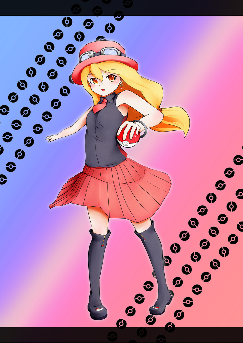 1girl absurdres bare_shoulders blonde_hair blue_background blush boots breasts brown_eyes earrings female_protagonist_(pokemon_xy) goggles gradient gradient_background hat highres holding holding_poke_ball jewelry long_hair necktie open_mouth pink_background poke_ball pokemon pokemon_(game) pokemon_xy purple_background serena_(pokemon) skirt small_breasts solo standing ume444