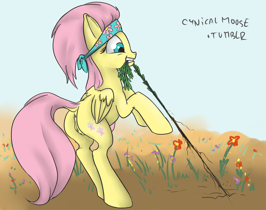 bandanna cutie_mark cynicalmoose equine female feral flower fluttershy_(mlp) friendship_is_magic fur green_eyes hair horse mammal my_little_pony pegasus pink_hair pony pulling pussy roots wings yellow_fur