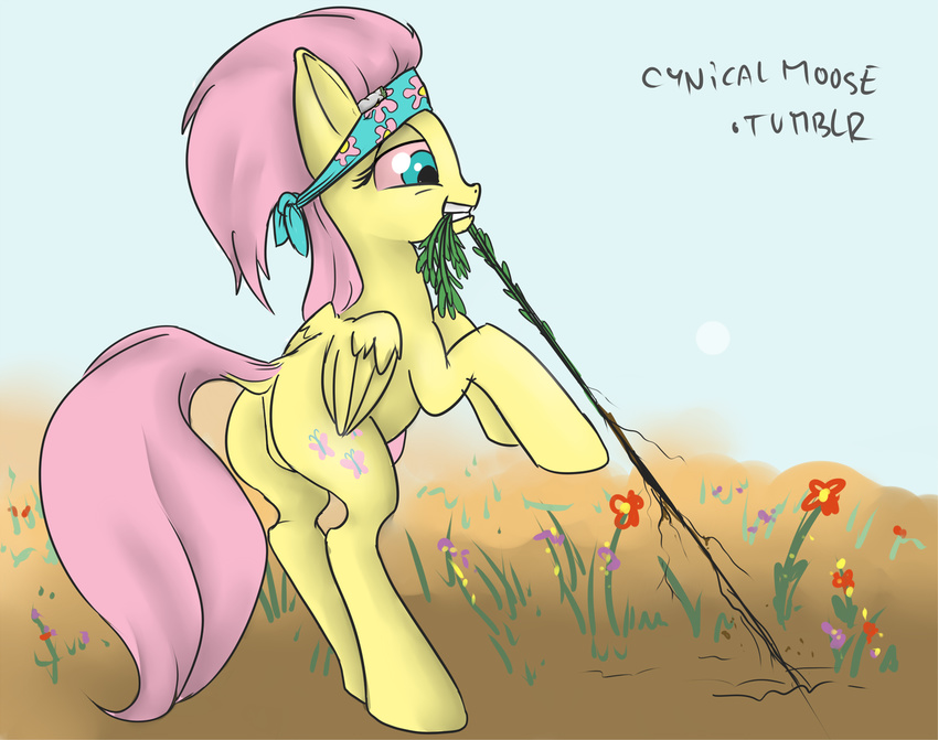 cutie_mark cynicalmoose drugs edit equine female feral flower fluttershy_(mlp) friendship_is_magic fur green_eyes hair horse mammal marijuana my_little_pony pegasus pink_hair pony pulling roots wings yellow_fur