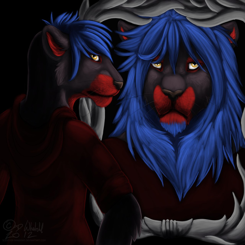black blue feline female ftm fur gender_transformation gold invalid_color lion magic male mammal mane mirror tomboy transgender