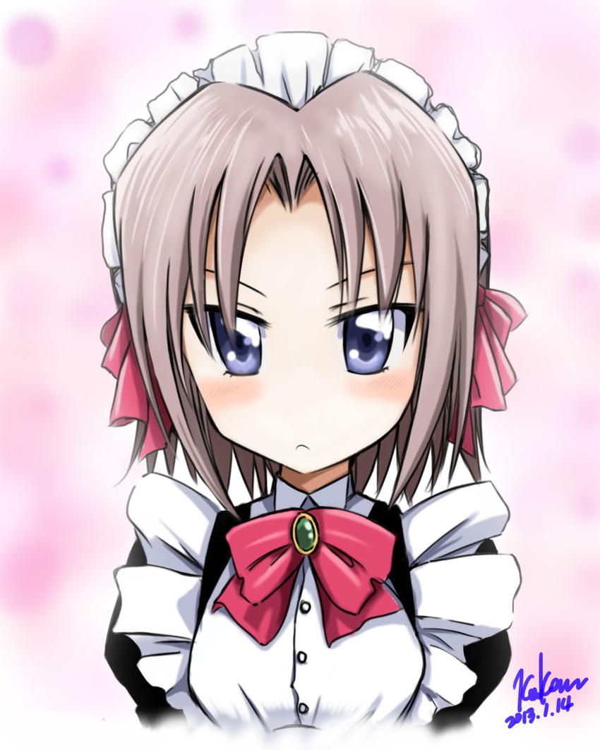 blue_eyes brown_hair dated frown grey_hair harukaze_chiharu hayate_no_gotoku! highres kem_kem maid maid_headdress purple_eyes short_hair signature solo upper_body