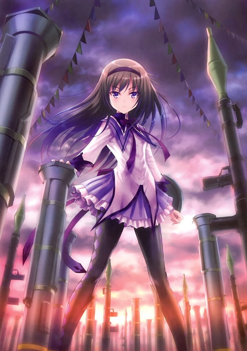 &gt;:( absurdres akemi_homura argyle argyle_legwear at4 bazooka black_hair blush bow closed_mouth cloud eyebrows_visible_through_hair frown goto_p hairband highres long_hair long_sleeves looking_at_viewer magical_girl mahou_shoujo_madoka_magica outdoors pantyhose purple_bow purple_eyes purple_skirt rocket_launcher rpg rpg-7 sailor_collar scan shirt skirt sky solo standing string_of_flags sunset thighhighs v-shaped_eyebrows weapon white_shirt wind