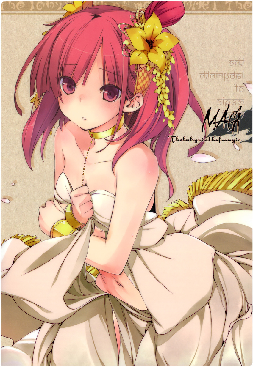 bare_shoulders blush bracelet choker flower hair_flower hair_ornament highres jewelry kokonoka long_hair magi_the_labyrinth_of_magic midriff morgiana navel parted_lips red_eyes red_hair solo