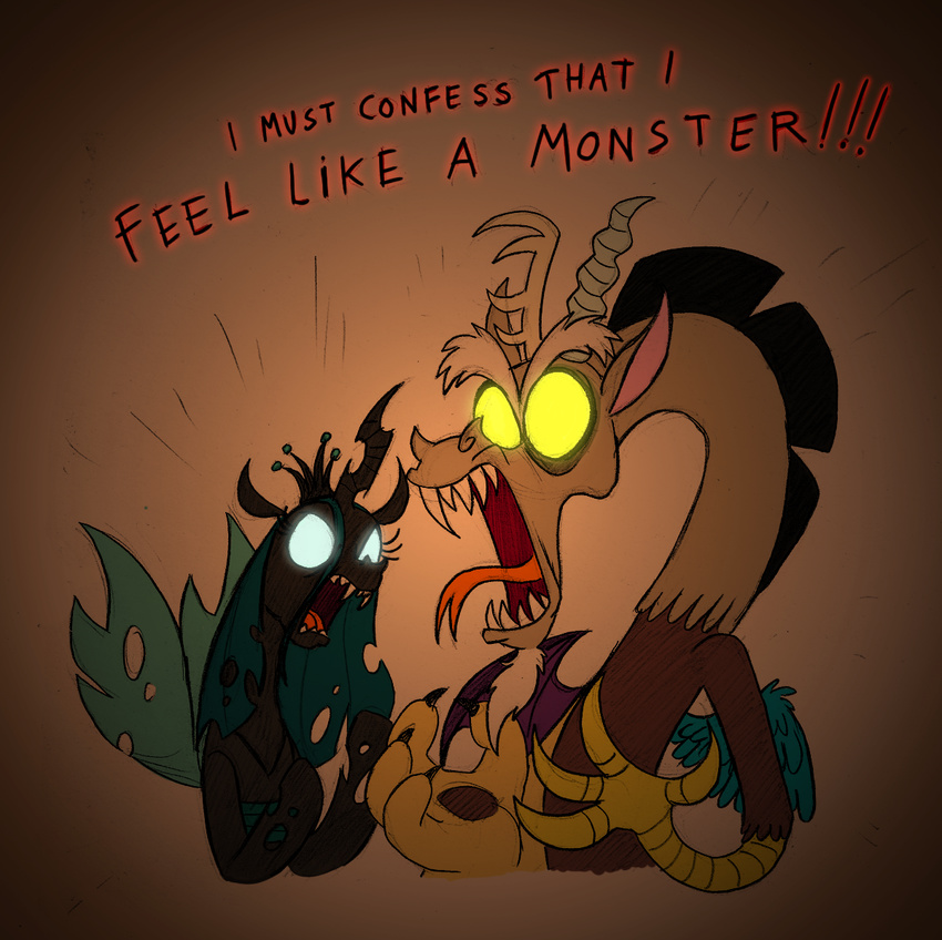 antler antlers changeling crown discord_(mlp) draconequus english_text fangs female feral friendship_is_magic glowing glowing_eyes horn male mickeymonster my_little_pony open_mouth queen_chrysalis_(mlp) roaring teeth text wings