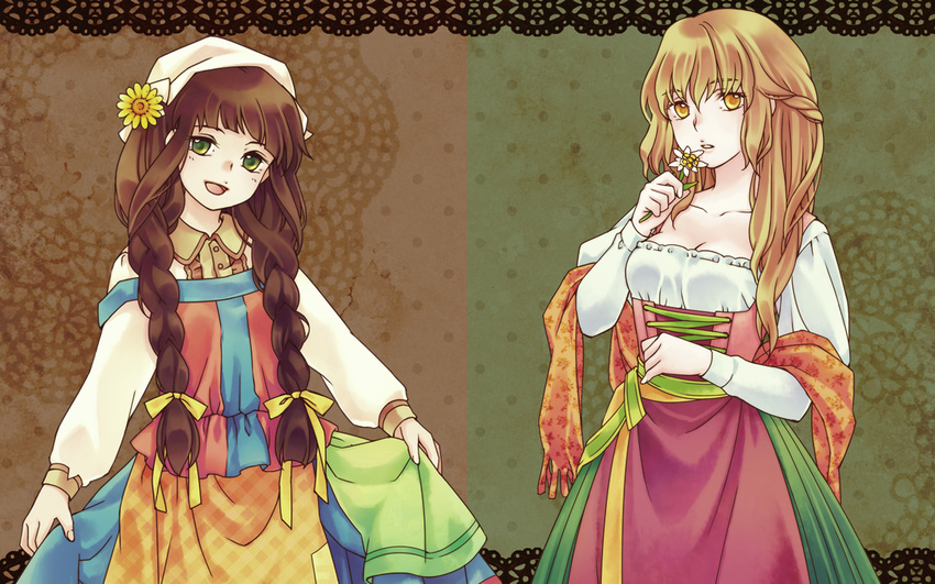 austria austria-hungary blonde_hair bow braid breasts brown_background brown_eyes brown_hair cleavage collarbone dress dress_lift flower fuuka_(fukasheu) green_background green_eyes hair_bow hair_flower hair_ornament hat holding holding_flower hungary italy long_hair long_sleeves medium_breasts multicolored multicolored_background multiple_girls open_mouth original parted_lips personification plant smile sunflower twin_braids two-tone_background white_flower white_hat yellow_bow yellow_eyes